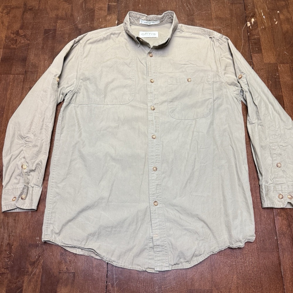 Orvis Shooting Shirt Mens M‎ Long Sleeve Cotton Tan Khaki Quilted Shoulder Hunt